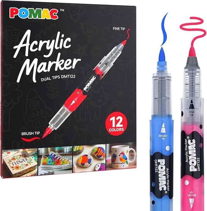POMAC Dual Tip Acrylic Paint Markers Pens 12 Assorted Colors, Direct Liquid by POMAC