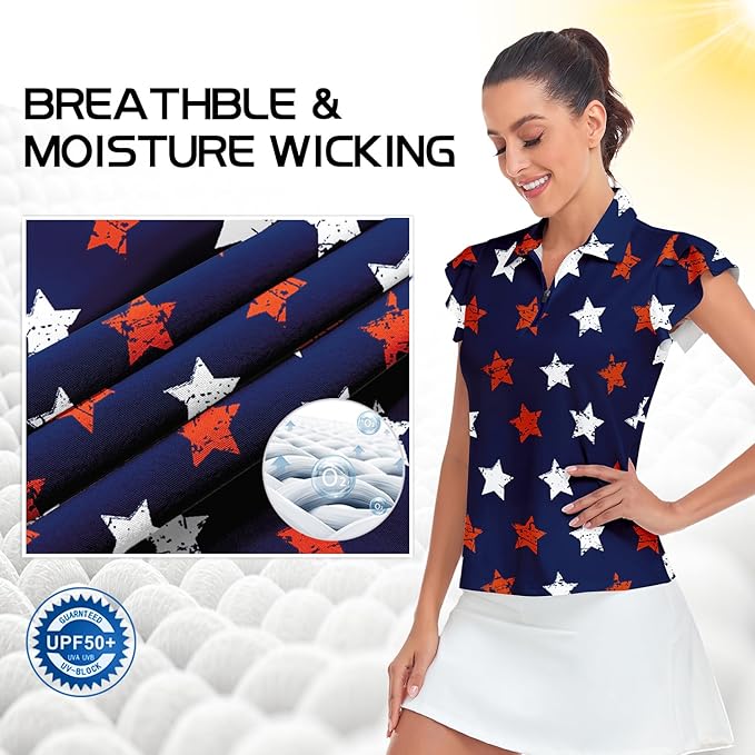 Soneven Womens Petal Sleeve Golf Shirts Moisture Wicking Lady Golf Apparel Print Tennis Sport T Shirt