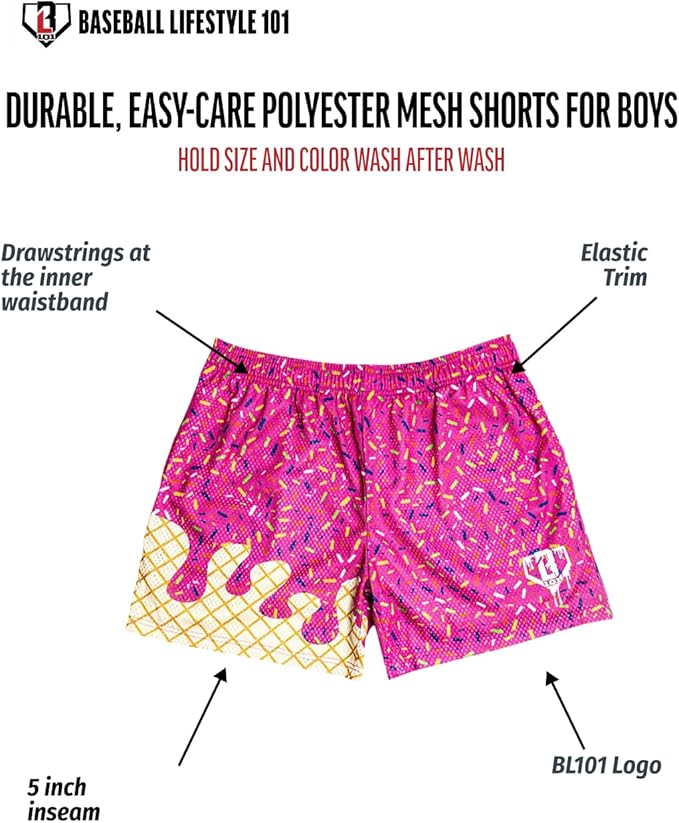 Baseball Lifestyle 101 Boy's Ice Cream Strawberry Mesh Shorts w/Side Pockets Elastic Waist, 5 in Inseam, Youth Sizes S-XL