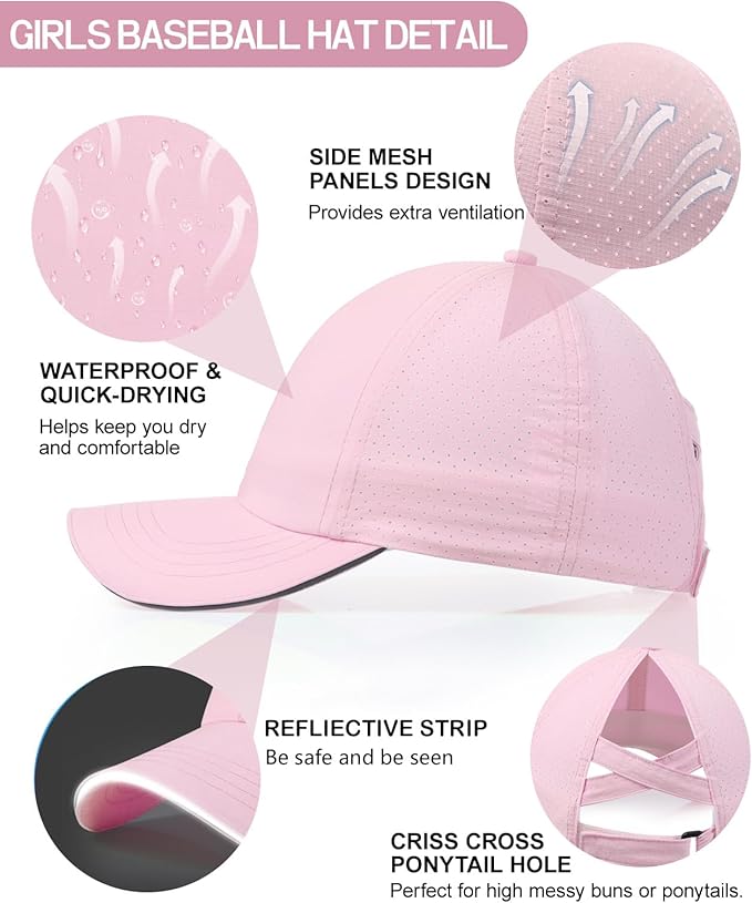 Little Girls Reflective Baseball Cap Criss Cross Ponytail Hat Kids Quick Dry Mesh Summer Sports Hat for Toddler Ages 3-8