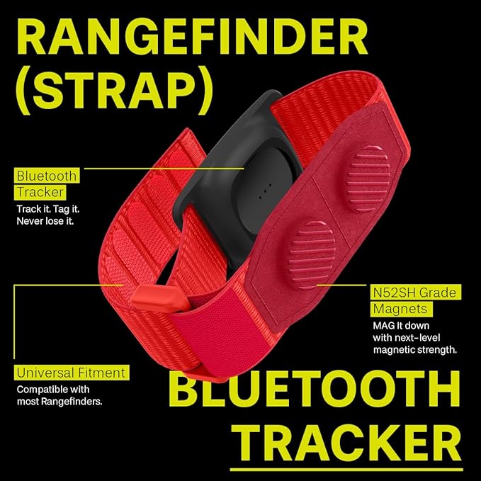 MAG-iT Magnetic Golf Range Finder Strap with Built-in GPS Tracker – GPS Tracker Holder Compatible with Find My App – Magnetic Mount for Golf Cart - Neon Red