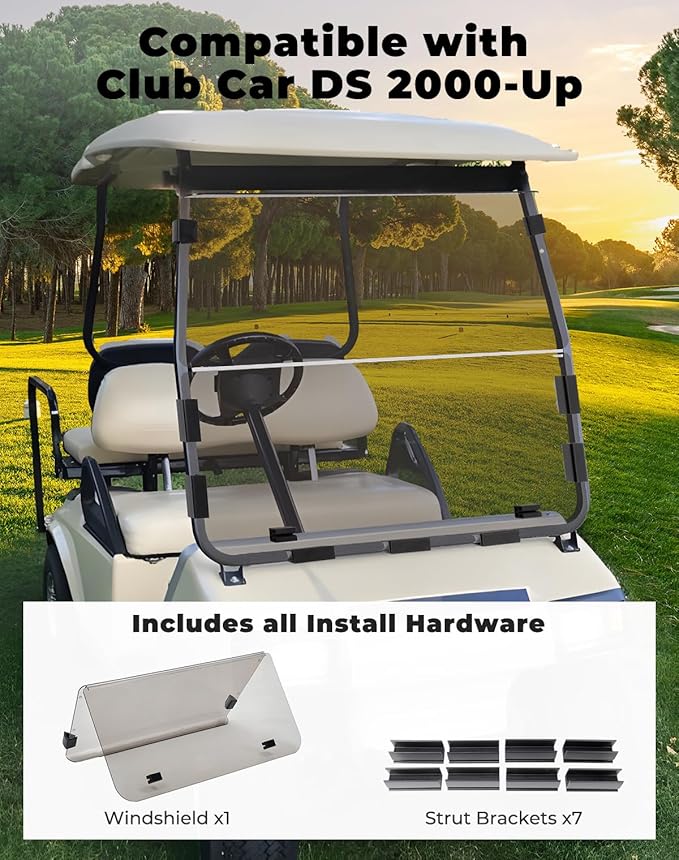 KEMIMOTO Foldable Golf Cart Windshield Compatible with Club Car DS 2000+, Anti-UV and Impact-Resistant Acrylic (Tinted)