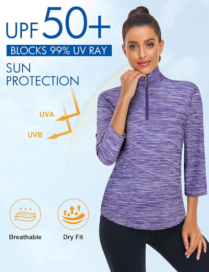Koscacy Women's 3/4 Roll Sleeve Golf Tennis Polo Shirts UPF50+ Half Zip Dry Fit Workout Tops Athletic Shirt