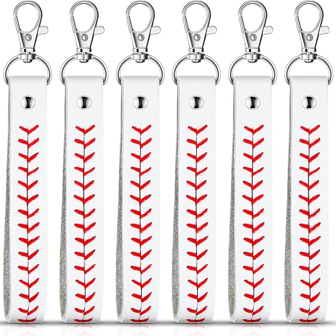 Inbagi 6 Pcs Leather Baseball Keychains for Boys White Seamed Keychain Sports Softball Keychains Baseball Gifts for Boys Wristlet Strap Keychain for Car Purse Accessories Players Sports Team Souvenir