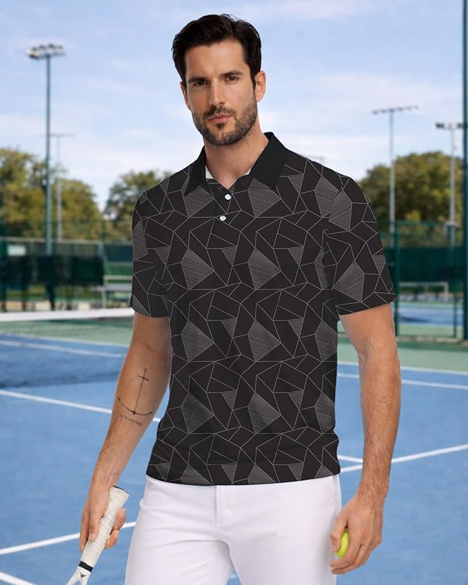 KUYIGO Mens Polo Shirt Quick Dry Moisture Wicking UPF 40+ Performance Printed Short Sleeve Summer Tennis Golf Shirt