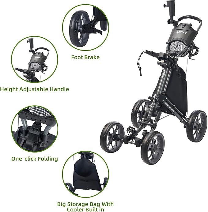 FLAGTAG Golf Push Cart 4-Wheels,Folding Golf Cart, Golf Pull cart with Cup Holder,Umbrella Holder,Cooler Bag, Foldable with one-Click,Handle Height Adjustable,Drink Holder,Walking Push cart