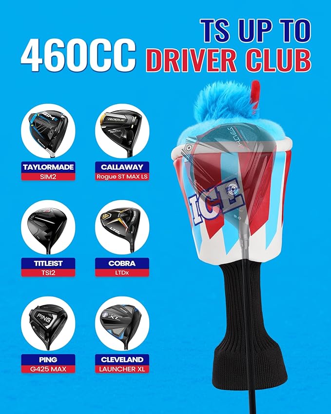 Big Teeth Funny Driver Headcover Ice & Birdiee, Driver Covers for Golf Clubs, Funny Birdie Putter Cover,Milk Shake Ice Cream Mallet Putter Cover,Blue and Red Color Golf Club Protector