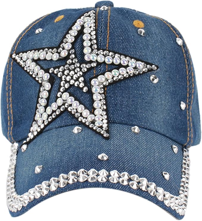 Hoce Fashion Rhinestone Denim Baseball Cap Studded Bling Hat for Women
