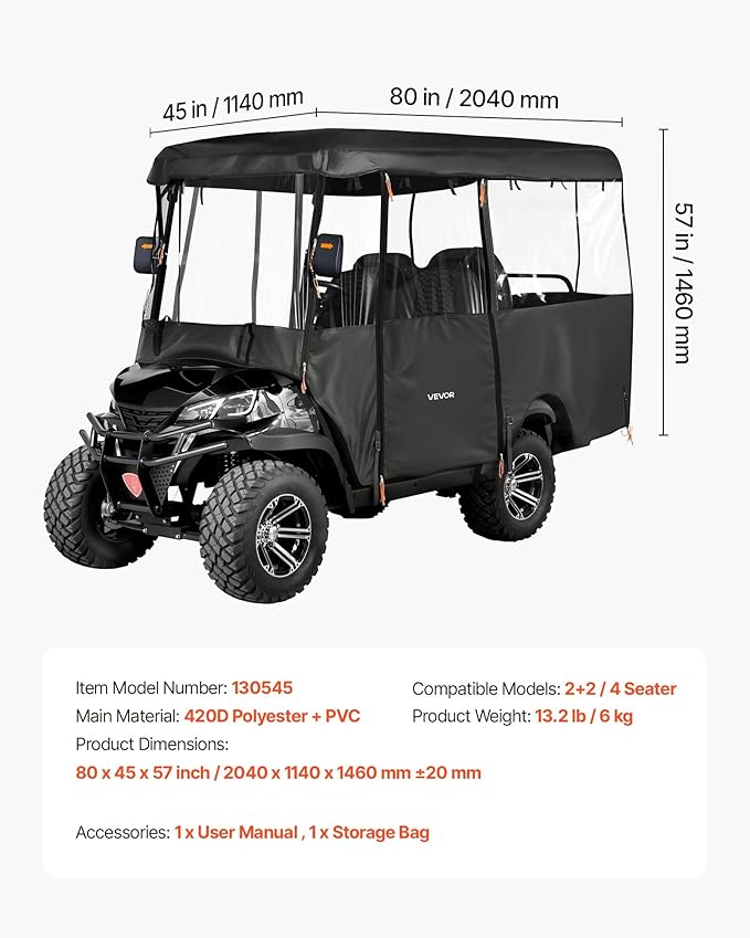 VEVOR Golf Cart Cover, Visible Full-Enclosure 2+2/4 Passenger Golf Cart, 420D Waterproof Oxford Fabric Club Car Cover Fits Most Carts Club Car, Yamaha, EZGO, Honda, PVC Coating & Windproof Hook Design