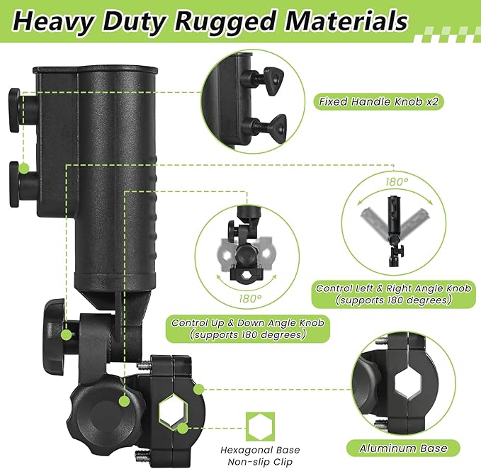 Heavy-duty Golf Push Cart Umbrella Holder 180° Adjustable for Stroller Bicycle Bike Wheelchair Mobility Scooter Beach Chair Windproof Universal Umbrella Bracket