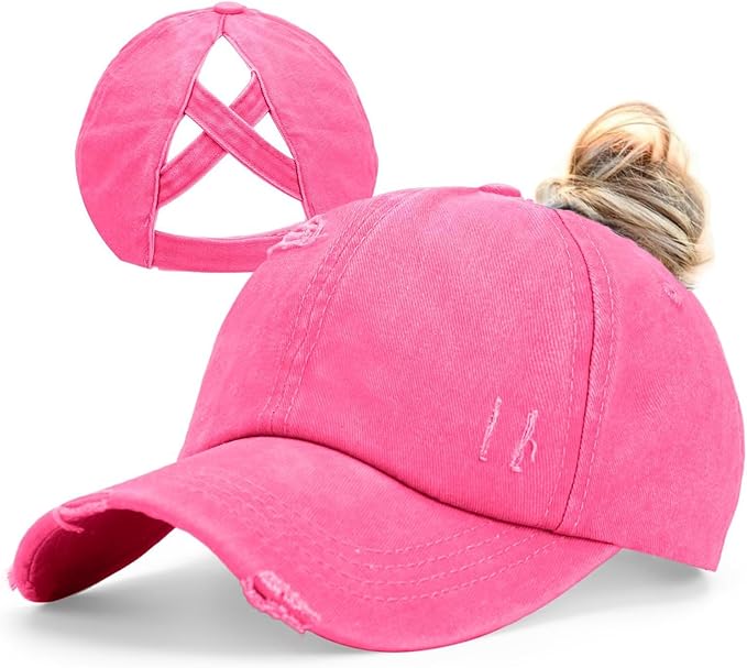 Womens Criss Cross Ponytail Baseball Cap Distressed Ponytail Hat High Messy Bun Trucker Ponycap for Outdoor Sports