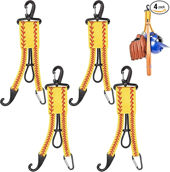Deekin 4 Pcs Baseball Softball Gear Hanger 3 in 1 Dugout Organizer Bat Holder with Glove Clip and Helmet Hook for Fence Bag Water Bottle Hiking Camping (Softball)