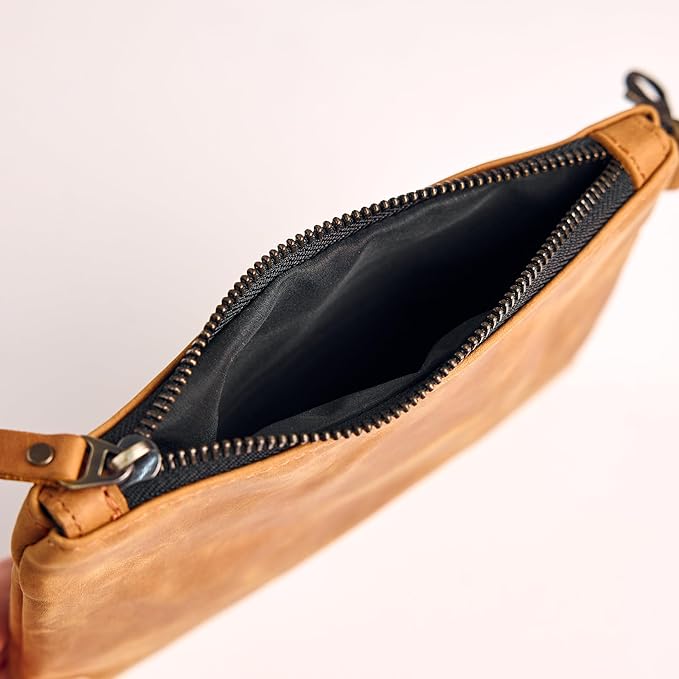 Leather Golf Ball Pouch – Genuine Leather Golf Zipper Pouch for Tees & Valuables, Golf Bag Accessory with Metal Clip 7.8" x 6", Compact Golf Organizer for Men & Women, Warm Brown