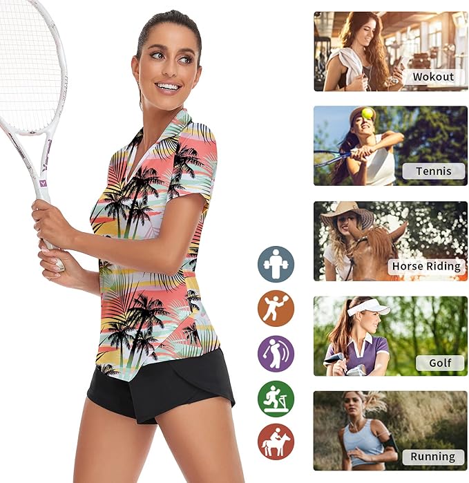 Soneven Womens Petal Sleeve Golf Shirts Moisture Wicking Lady Golf Apparel Print Tennis Sport T Shirt