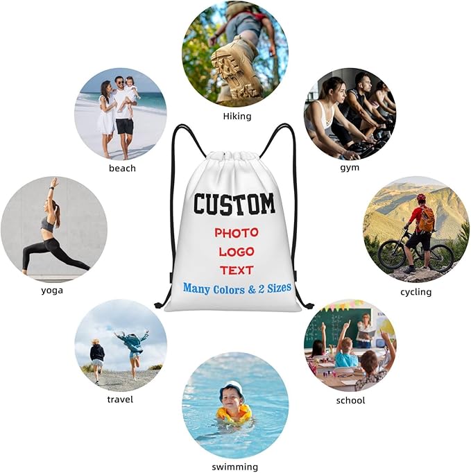Customized Drawstring Bags with Your Own Design Photo/Logo/Text, Personalized Drawstring Backpack Sports String Bag Sport Gym Shoulders Rucksack for Kids Boys Girls Adults Women Men, Medium