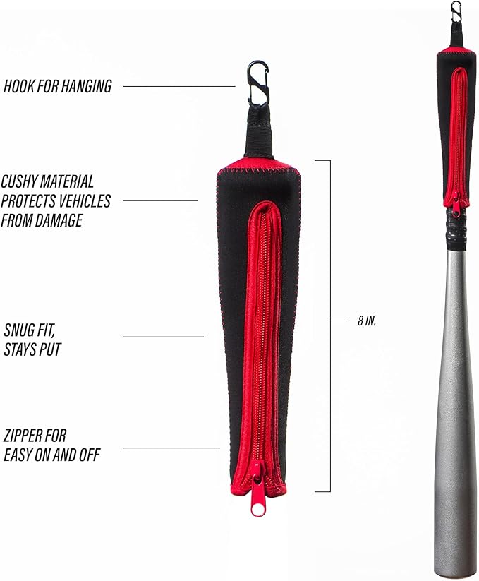 Handle Cover - Baseball Bat Cover Sleeve Protects Vehicle & Bat Grip - Batting Gloves & Helmet Companion with Zippered Hook - Softball Accessory