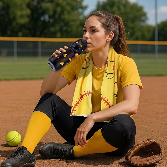 24 Pcs Sports Water Bottle Bulk Cooling Towel Set Include 12 Softball Water Bottle 12 40"x12" Cooling Towels Sports Themed Accessories for Soccer Team Gift Events Party Players Lovers Coach Training