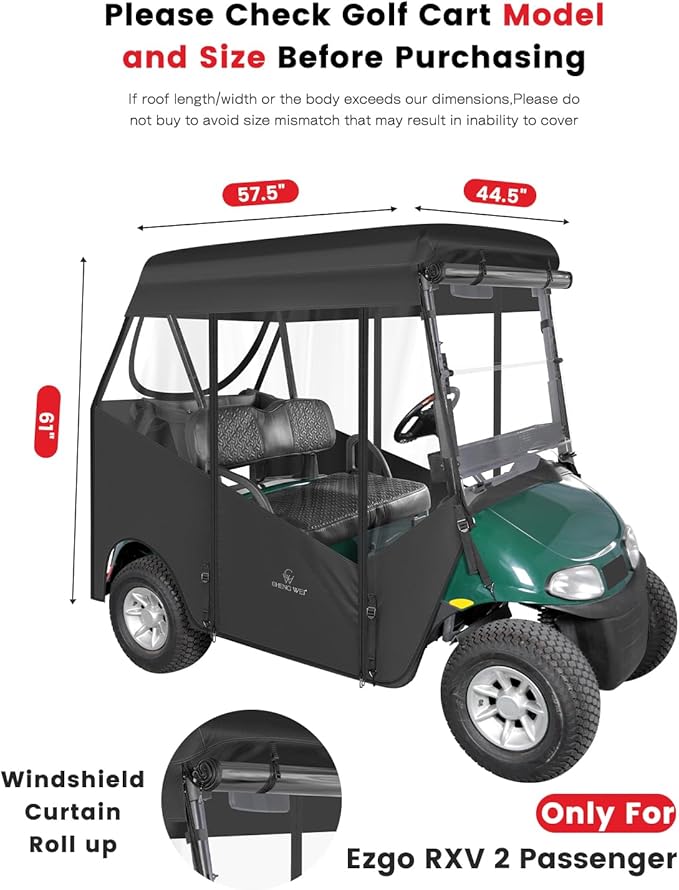 2 Passenger Golf Cart Enclosures for EZGO RXV 2 Seater, Waterproof 600D Oxford Driving Rain Cover with Full Roll Up Clear Windows & Doors