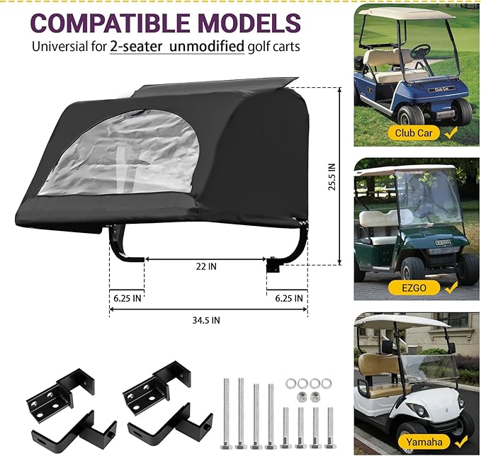 DRIVE UP Golf Cart Rear Bag Rain Cover for Most Yamaha Club Car EZGO Golf Carts, Black/Beige Heavy-Duty Golf Rear Rain Shelter with Bracket Kit
