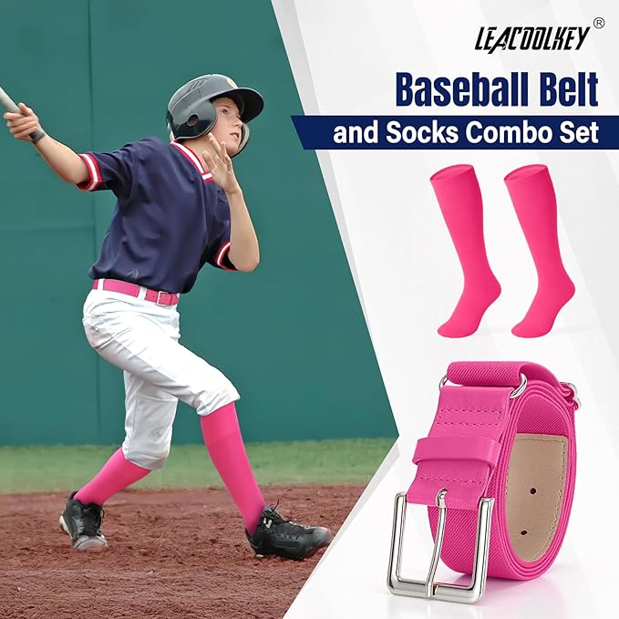 LEACOOLKEY Baseball Belt and Socks Combo Set Adjustable Softball Socks and Elastic Belt for Youth and Adult