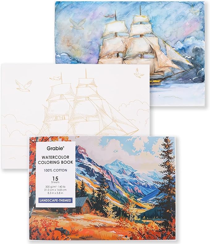 Grabie Watercolor Coloring Book, 15 Sheets A5, Watercolor Book by Grabie