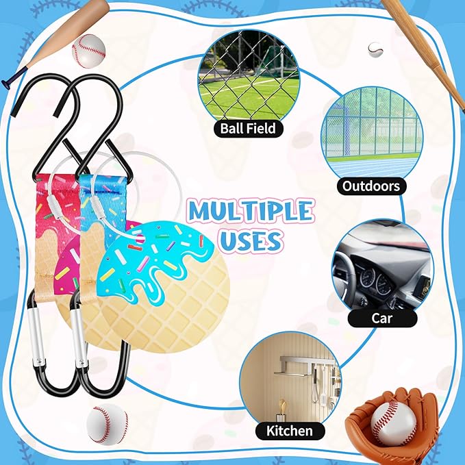 Fence Hooks Baseball Lifestyle Softball Gift for Bag Backpack Glove Helmet Drinking Bottle Hanging with Name Luggage Tags Charms Team Gifts for Coach Mom (2set pink blue ice cream drip 1 hook)