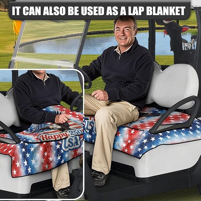 Golf Cart Seat Covers, Universal Golf Cart Seat Towel Blanket with 4 Front Pockets & Nonskid Bottom Fits for Club Car 2 Person Seats Golf Carts
