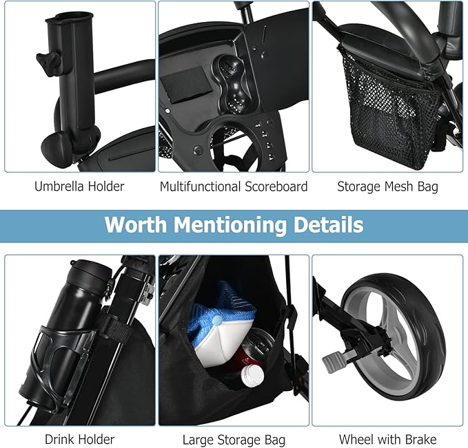 Tangkula Golf Push Pull Cart with Seat, Lightweight Foldable Collapsible 3 Wheels Push Cart, Golf Trolley with Foot Brake, Adjustable Umbrella Holder & Seat, 4 Height Position Handle