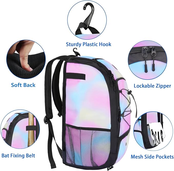 MATEIN Baseball Backpack, Softball Bat Bag with Shoes Compartment for Youth, Boys and Adult, Lightweight Baseball Bag with Fence Hook Hold TBall Bat, Batting Mitten, Helmet, Caps, Teeball Gear