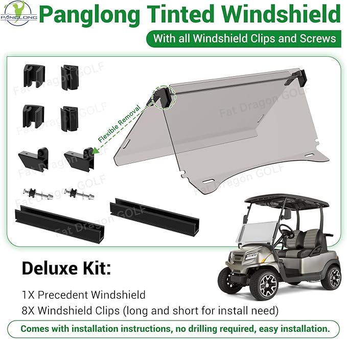 Panglong Precedent Golf Cart Tinted Windshield with all Windshield Clips, Fold Down Windshield Anti-UV Impact Resistant, Fit 2004-Up Club Car Precedent, Tempo, Onward Golf Carts-37.59"W X 33.97"H