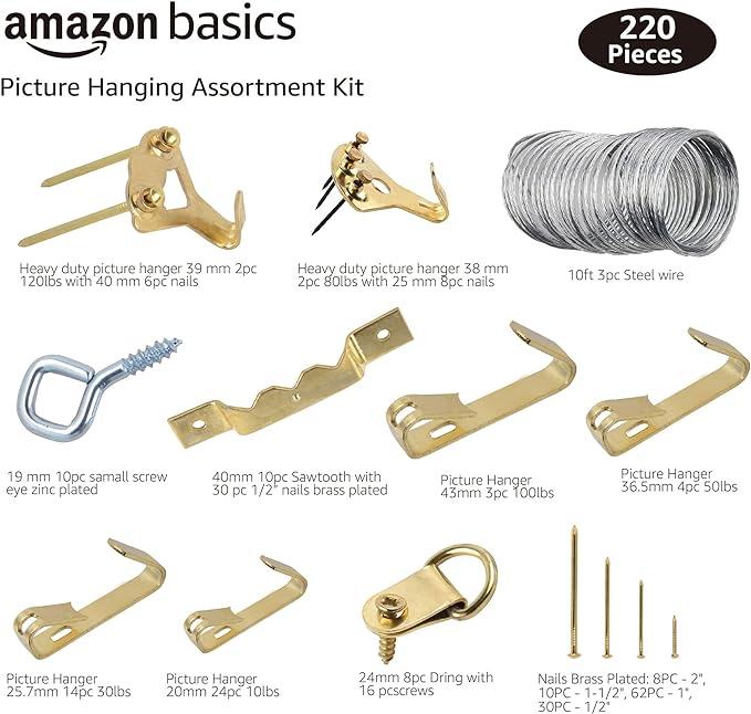 Amazon Basics Picture Hanging Hardware Assortment Kit, 220 Piece Set - Image 3