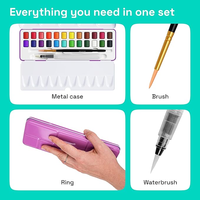 ARTISTRO Watercolor Paint Set 24 Colors, Travel Watercolor Set in Portable Box - Image 2