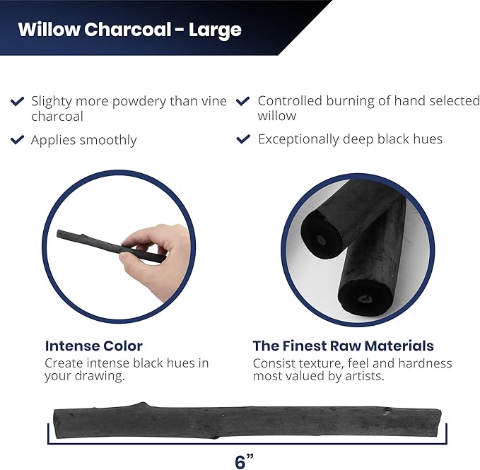 Pacific Arc Large Vine Charcoal Stick 5/Pkg, Thick Willow Charcoal - Image 3