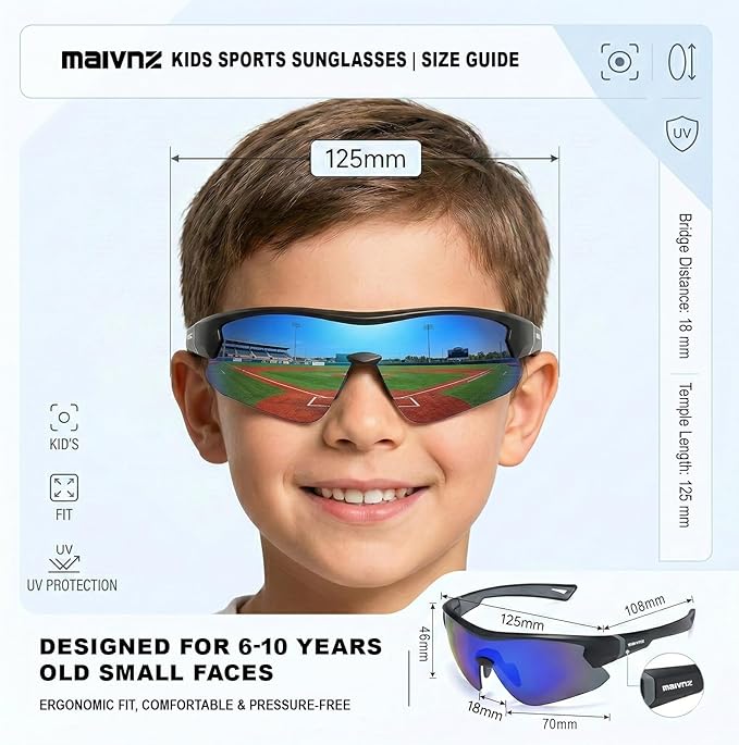 maivnz Youth Baseball Sunglasses for Boys and Girls Ages 6-12, Kids Sports Glasses for Softball Cycling, Helmet Compatible
