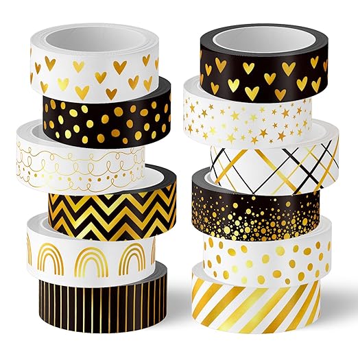 Whaline 12 Rolls Gold Foil Pattern Washi Tape Heart Dot Stripe Rainbow Masking by Whaline