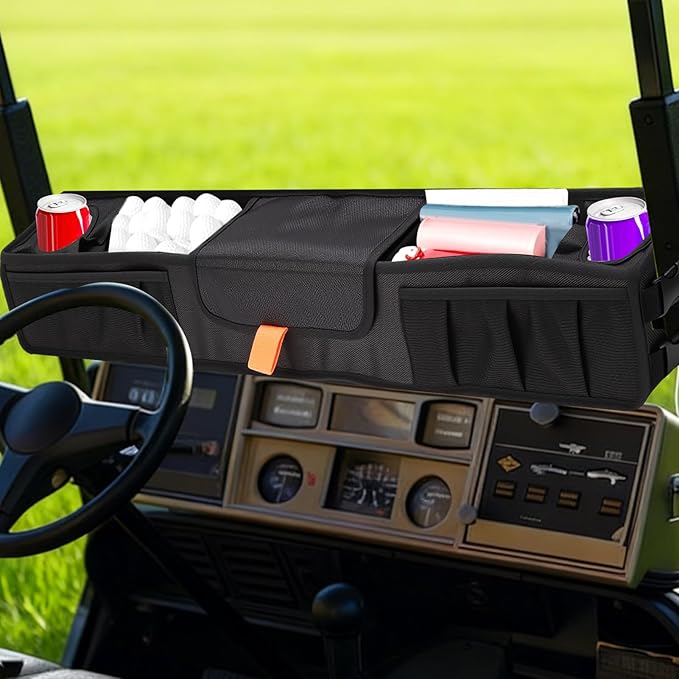 Golf Cart Front Storage Basket, No-Drilling Golf Cart Storage Tray with Insulated Cup Holders, Club Cart Organizer with EZGO, Club Car, Kandi Golf Carts