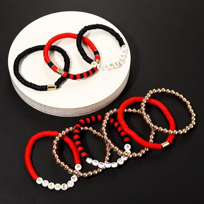 NLCAC 9 Pack Game Day Bracelets Stackable Heishi Beaded Stretchy Bracelet Preppy Jewelry Baseball Football Team Bracelets Sports Fan Accessories Gifts