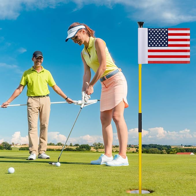 Meooeck 2 Pack Golf Flagstick 3ft Putting Green Pin Flag and Hole Cup Set for Yard Portable 2 Section Fiberglass Mini Golf Set for Driving Range Backyard, Double-side American Flag