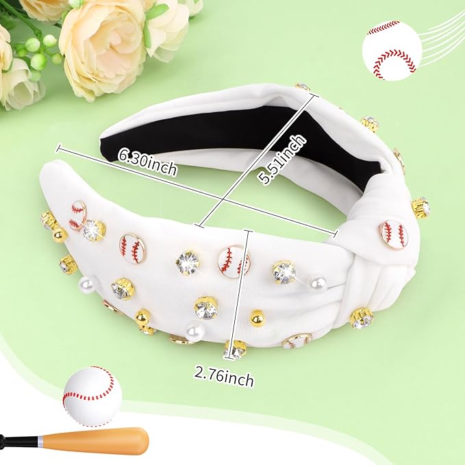 Baseball Headbands for Women Crystal Baseball Embellished Wide Top Knot Headband for Women Game Day Hair Accessories (White)
