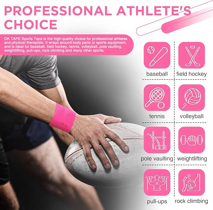 OK TAPE Athletic Sports Tape（4 Packs) Pink- 32.8ft Per Roll Athletic Tape for Injuries,Strong Stick No Residue Athlete & Sport Trainers First Aid Injury Wrap, Hockey Stick
