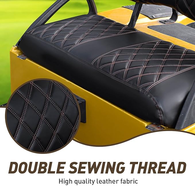 NOKINS Golf Cart Club Car DS 2000.5-Up Diamond Seat Covers Kit, Fits Club Car DS OEM Standard Front Seat Cushion, Golf Cart Vinyl Seat Cover, No Nails Required (Black and Brown Stitching)