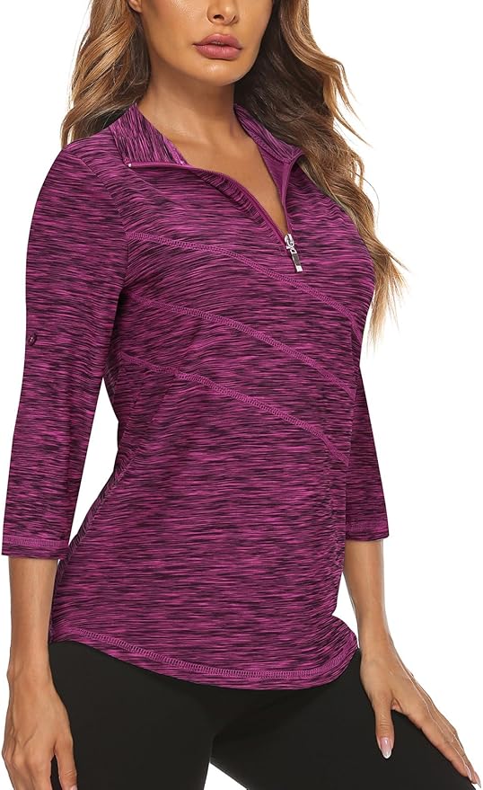 Koscacy Women's 3/4 Roll Sleeve Golf Tennis Polo Shirts UPF50+ Half Zip Dry Fit Workout Tops Athletic Shirt