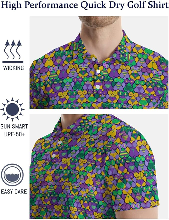 HUURAY Funny Golf Polos for Men Funny Print Short Sleeve Shirts Quick Dry Polo Shirts Hawaiian Shirt Performance Golf Outfits