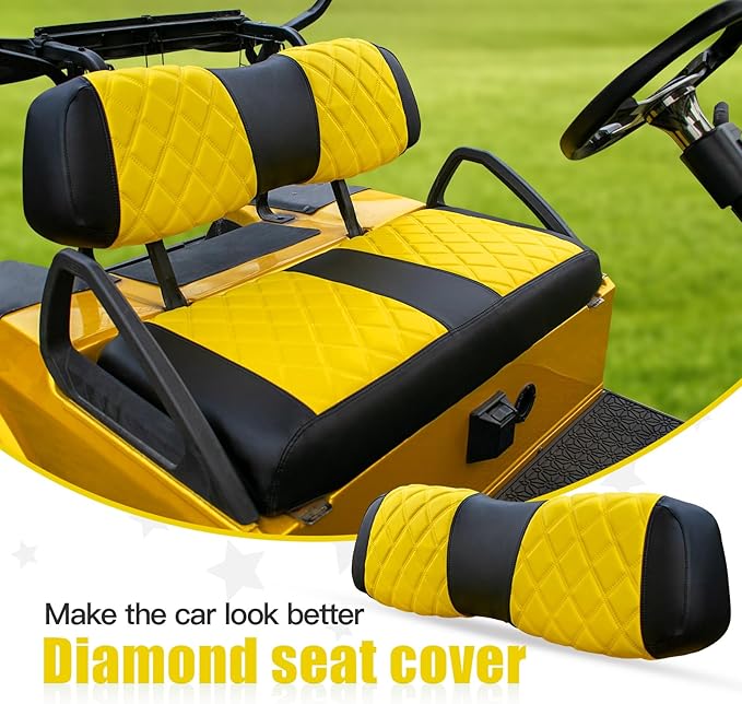 NOKINS Golf Cart Club Car DS 2000.5-Up Diamond Seat Covers Kit, Fits Club Car DS OEM Standard Front Seat Cushion, Golf Cart Vinyl Seat Cover, No Nails Required (Yellow and Black)