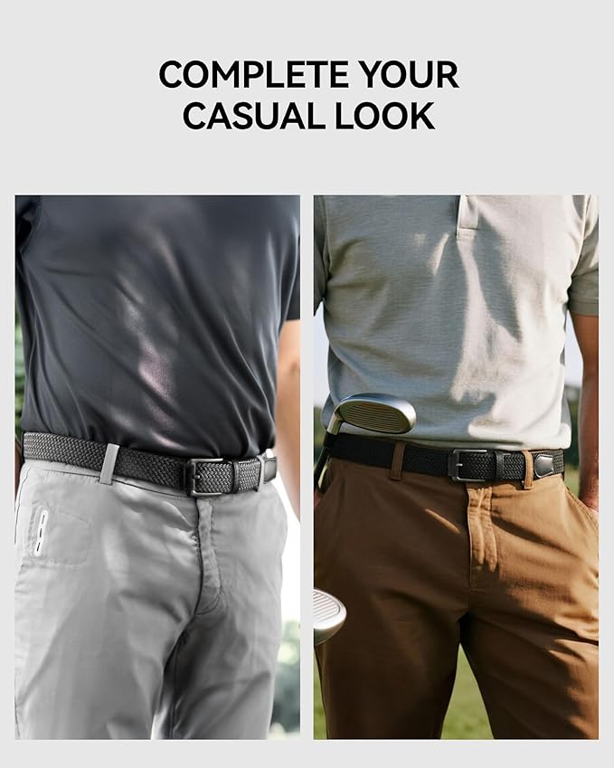 CHAOREN Stretch Belt Men 2 Pack - 1 3/8" Braided Golf Belts For Men - Casual Elastic For Pants and Jeans