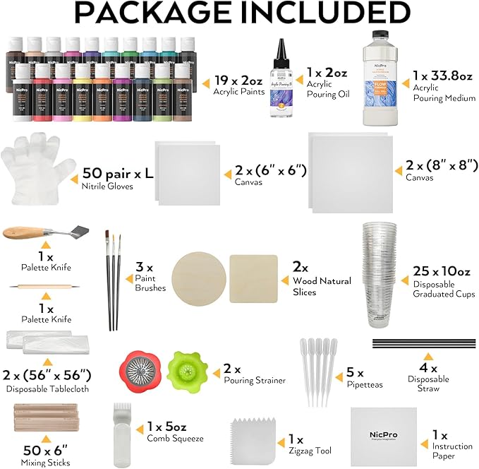 Nicpro Acrylic Pouring Kit, Artist Starter Supplies Including 19 Colors Acrylic - Image 2