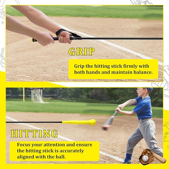 Baseball Hitting Stick,Batting Practice Equipment for Baseball and Softball,Extended Handlebar with Grip Strap,Ideal One-on-One Baseball Training Equipment