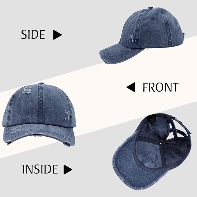 Criss Cross Ponytail Hat Women Washed Distressed Baseball Caps Adjustable High Messy Bun Ponycap