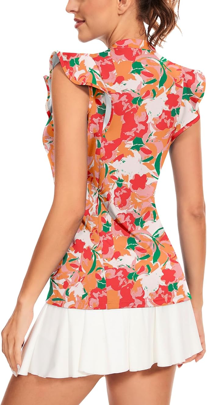 Soneven Womens Petal Sleeve Golf Shirts Moisture Wicking Lady Golf Apparel Print Tennis Sport T Shirt