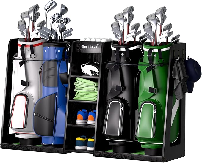 SuniBoxi Wooden Golf Storage Organizer for Garage, Premium Golf Bag Holder Rack for Golfing Accessories, Great Gift for Golfers,Husband, Dad